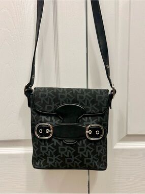DKNY Logo Black Crossbody Bag with Silver Buckle Accents